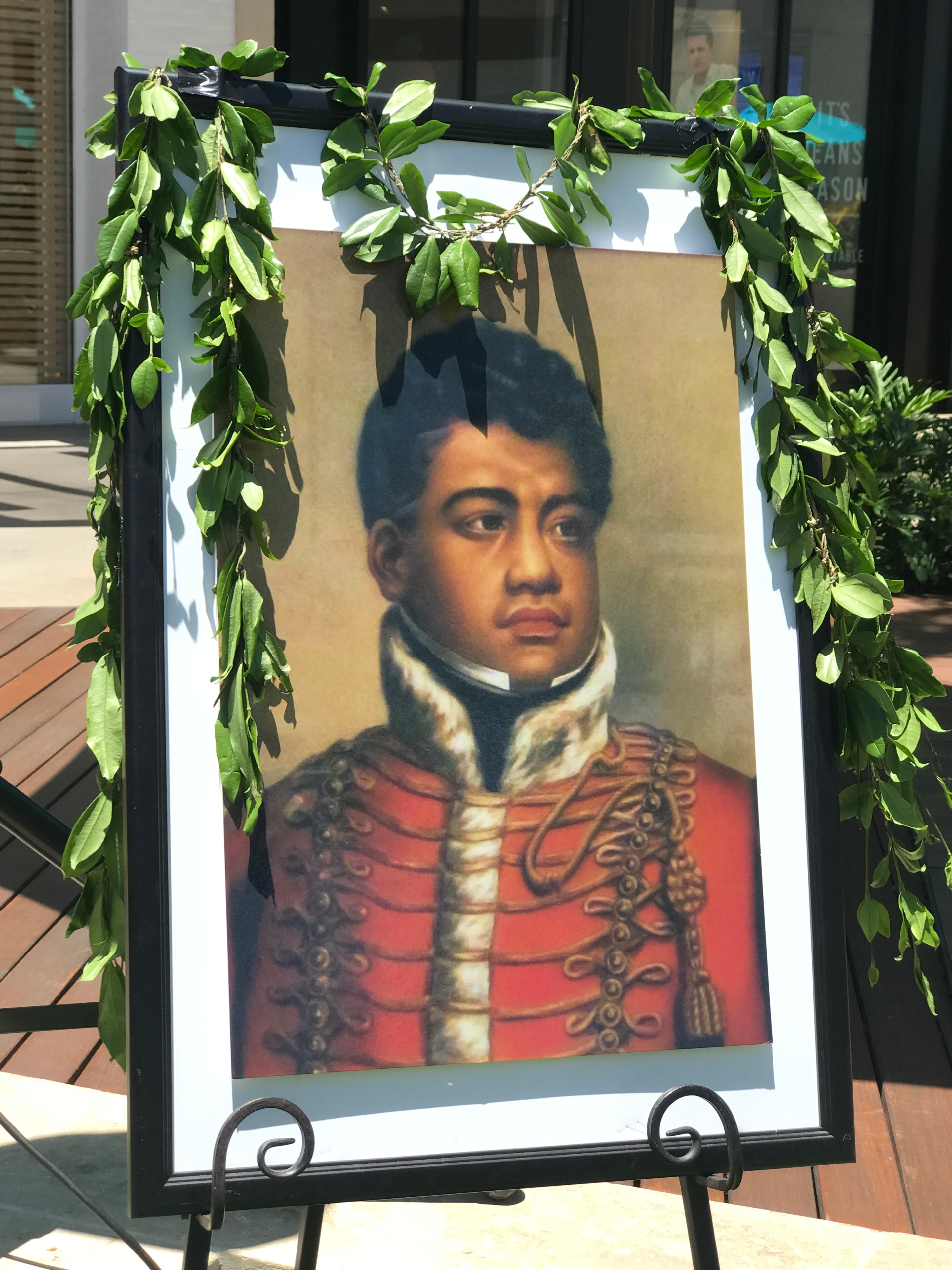 Framed portrait of King Kamehameha II with maile lei