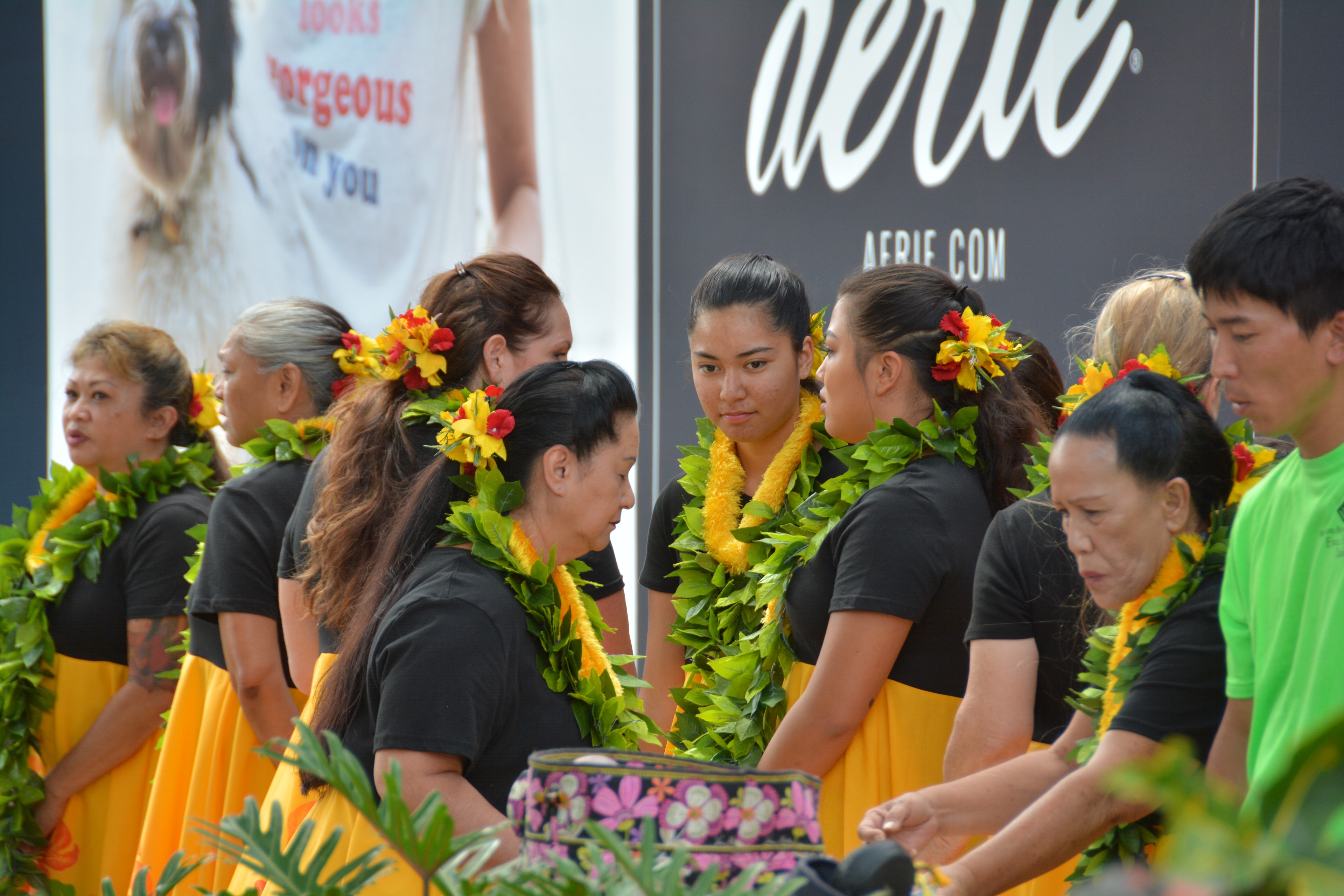 Athletes wearing lei at Hawaiian competition event