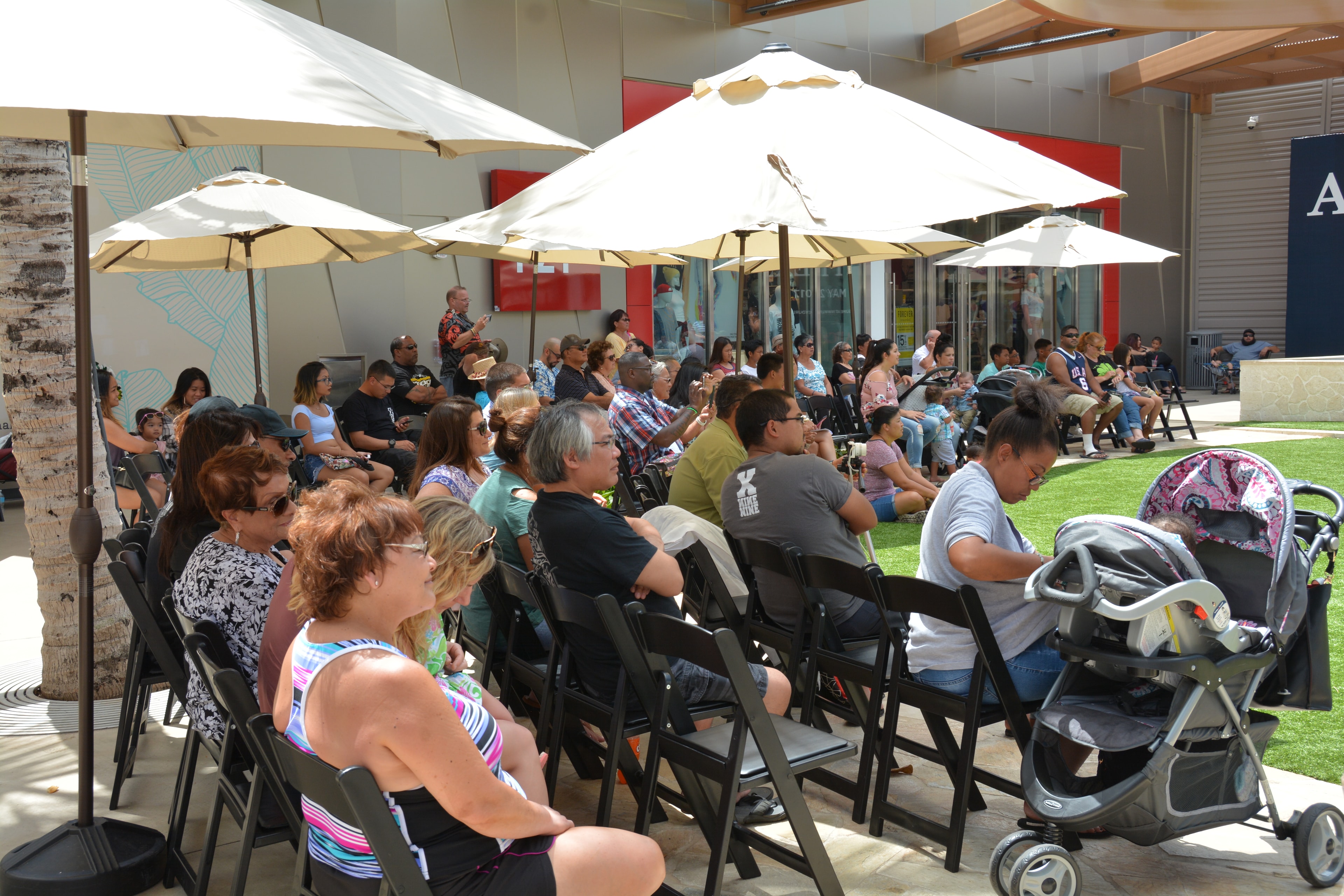 Crowd gathered under umbrellas outdoor event