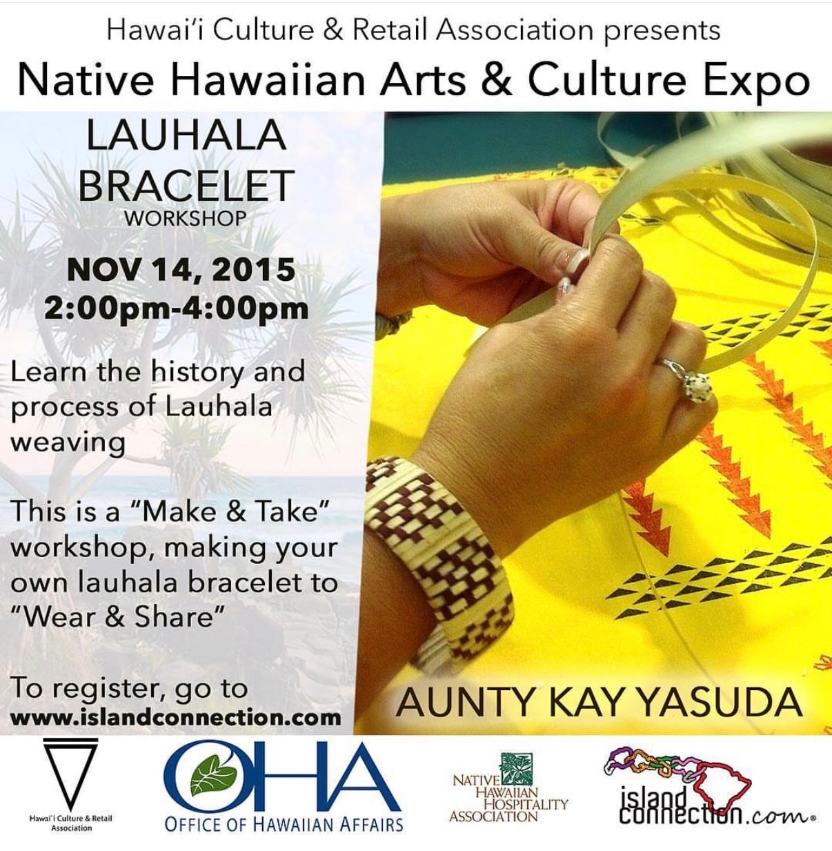 Hawaiian lauhala bracelet weaving workshop event