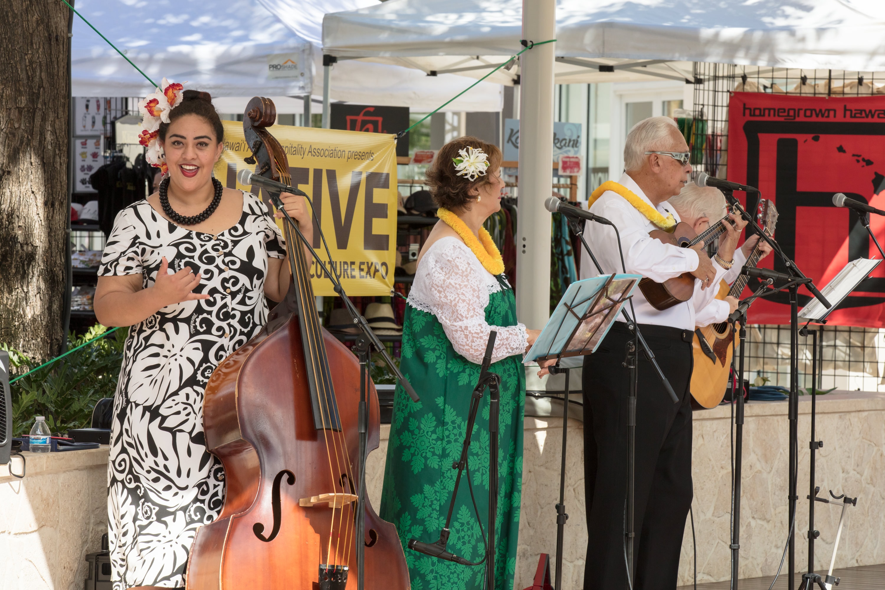 Hawaiian musicians performing outdoor festival event