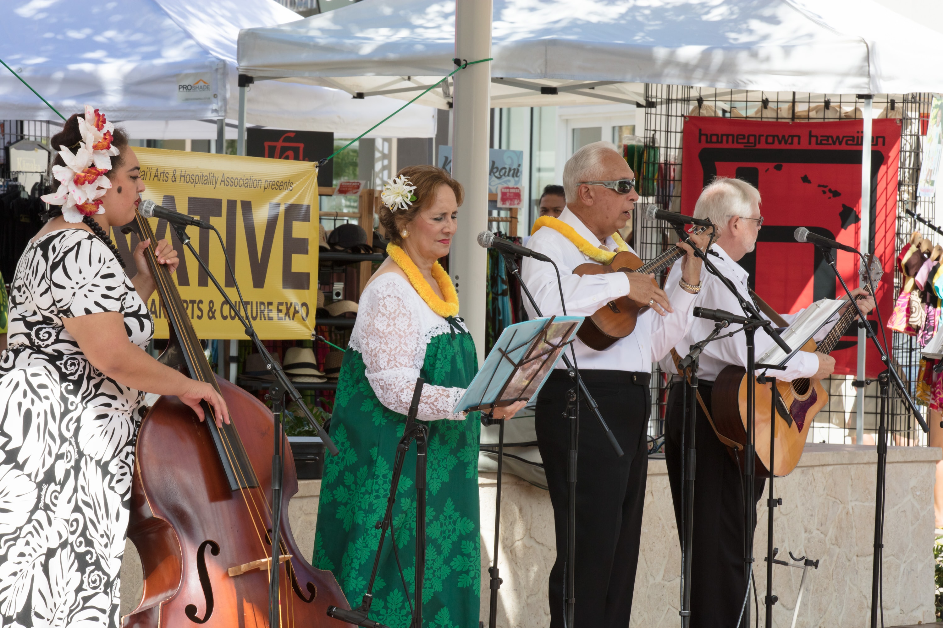 Hawaiian musicians performing at outdoor festival
