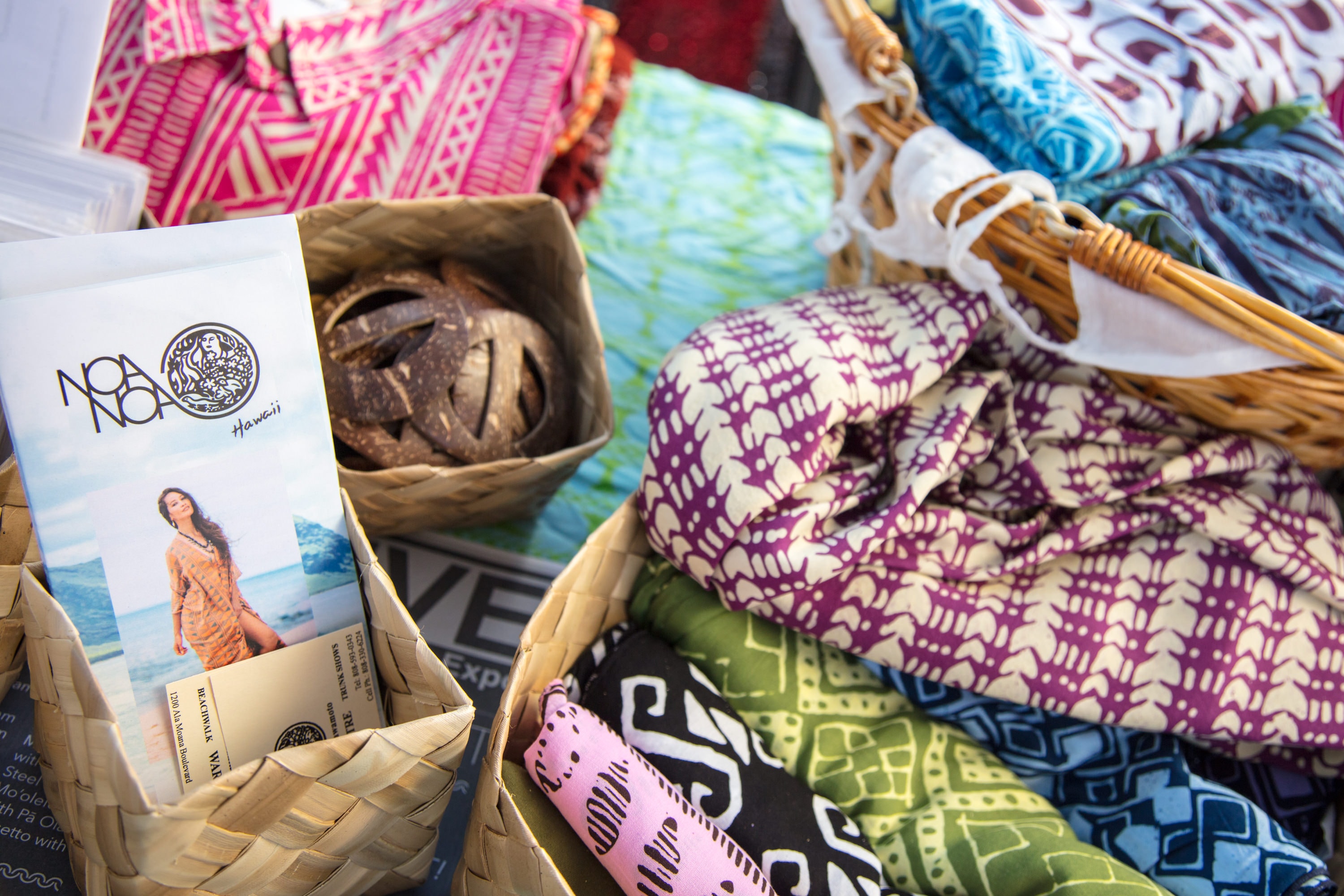 Colorful Hawaiian patterned fabrics retail display