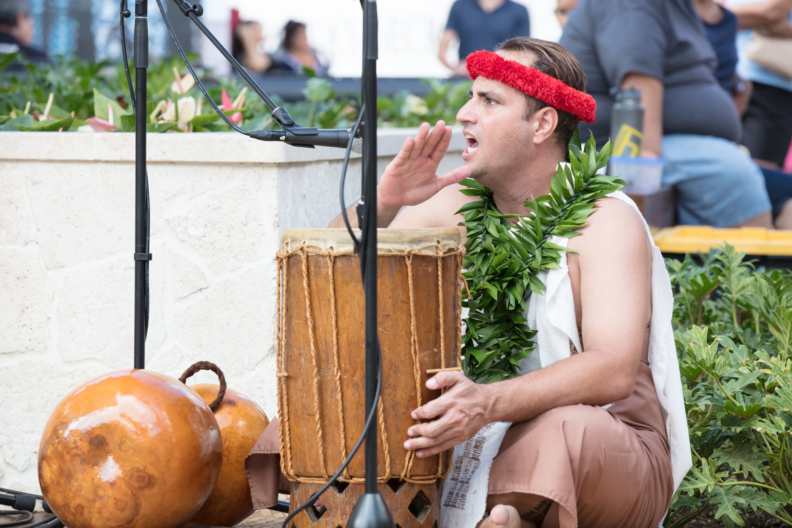 Man performing Hawaiian music with drum